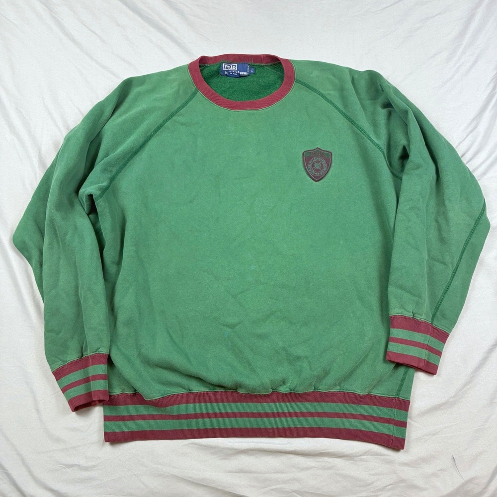 Polo Ralph Lauren Sweatshirt Mens L Green Burgundy Crest Logo Raglan Vintage 90s